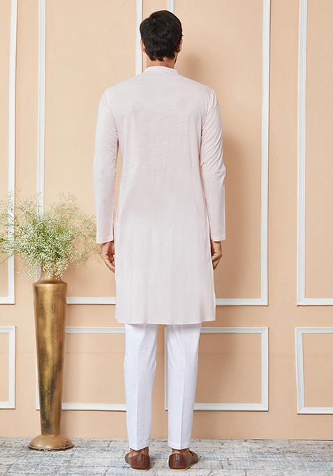 Light Pink Sequin Thread Embroidered Kurta Set For Men