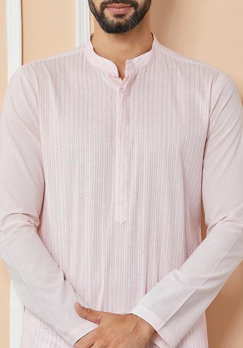 Light Pink Sequin Thread Embroidered Kurta Set For Men