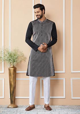 Black Thread Sequin Embroidered Straight Kurta Set For Men