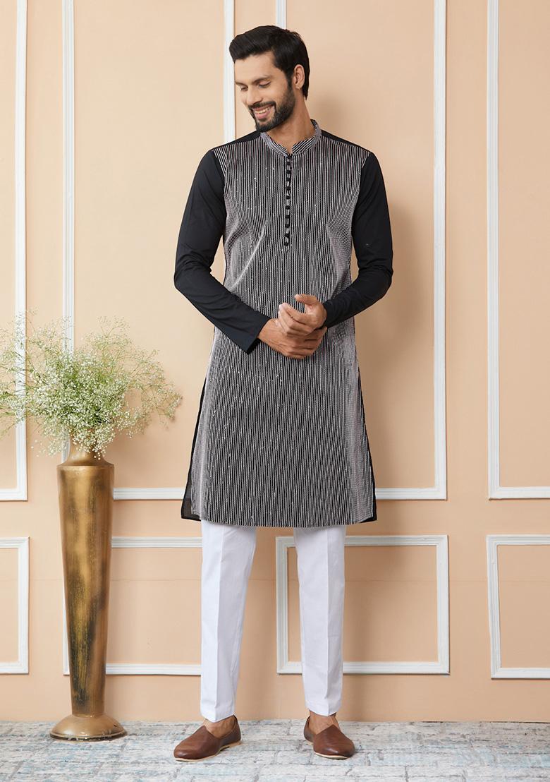 Black Thread Sequin Embroidered Straight Kurta Set For Men