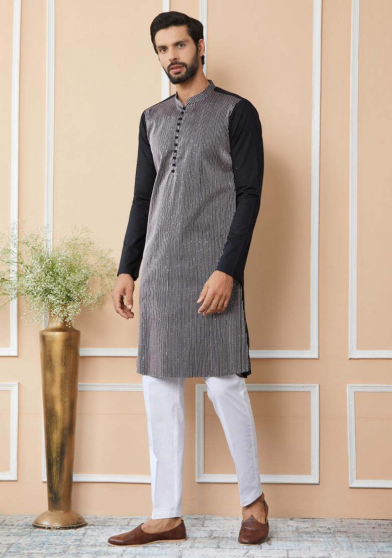 Black Thread Sequin Embroidered Straight Kurta Set For Men