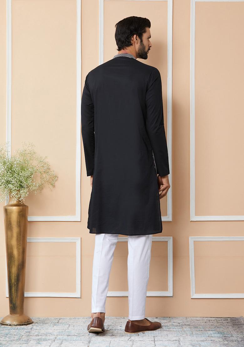 Black Thread Sequin Embroidered Straight Kurta Set For Men