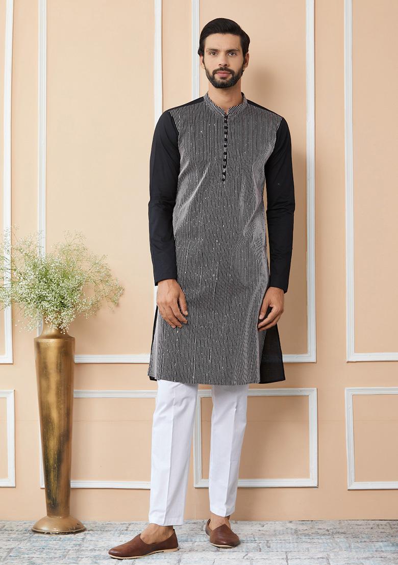 Black Thread Sequin Embroidered Straight Kurta Set For Men