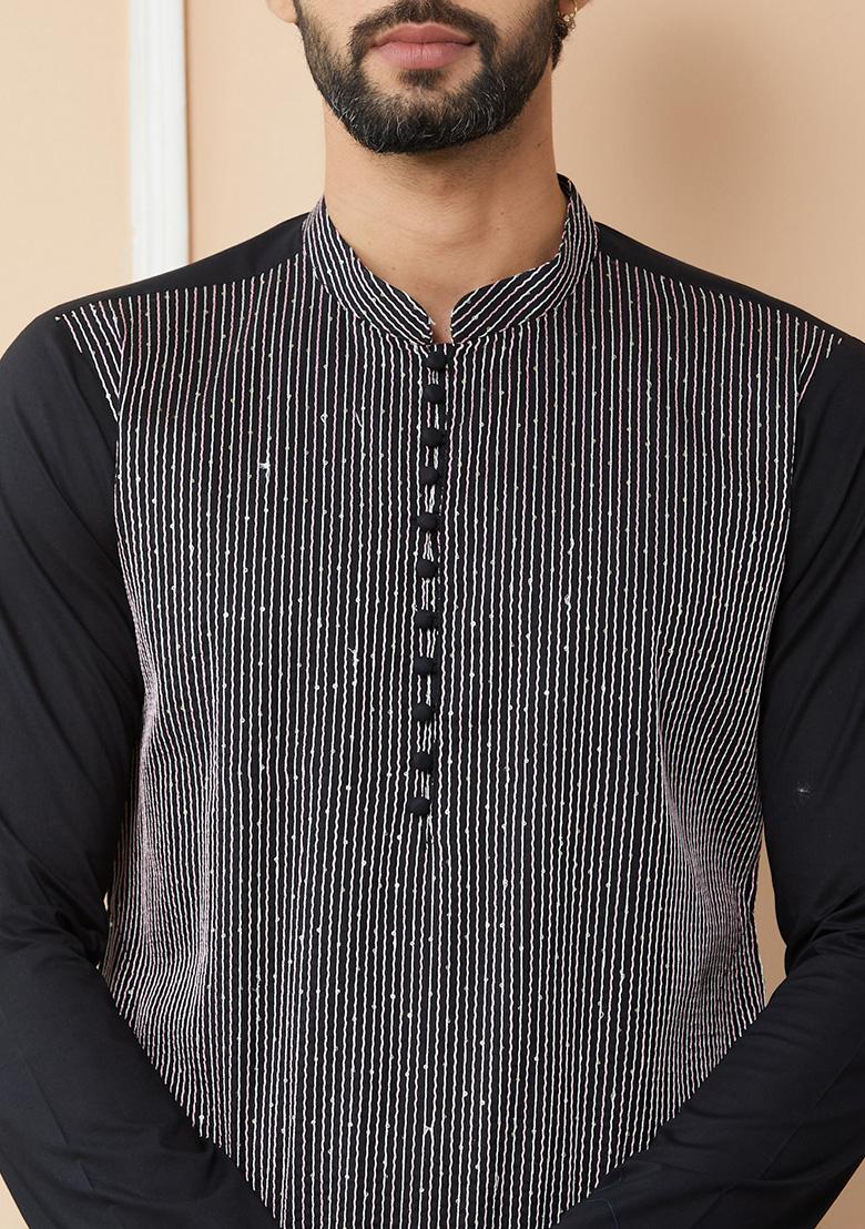 Black Thread Sequin Embroidered Straight Kurta Set For Men