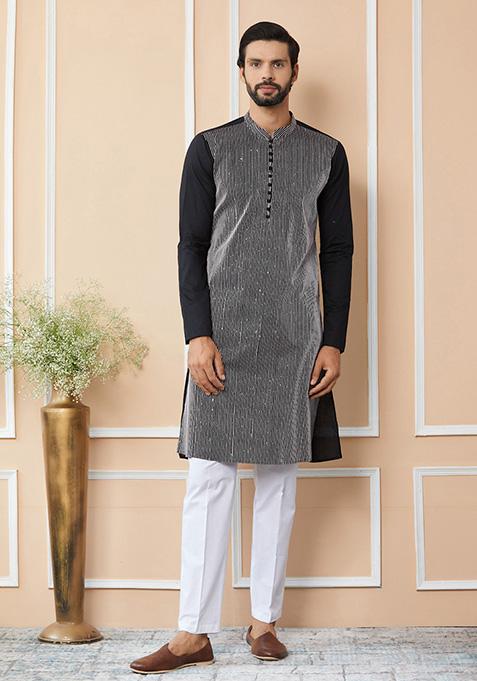 Black Thread Sequin Embroidered Straight Kurta Set For Men