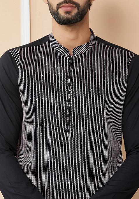 Black Thread Sequin Embroidered Straight Kurta Set For Men