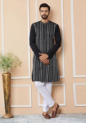 Black Sequin Embroidered Straight Kurta Set For Men