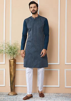Deep Blue Sequin Thread Embroidered Straight Kurta Set For Men