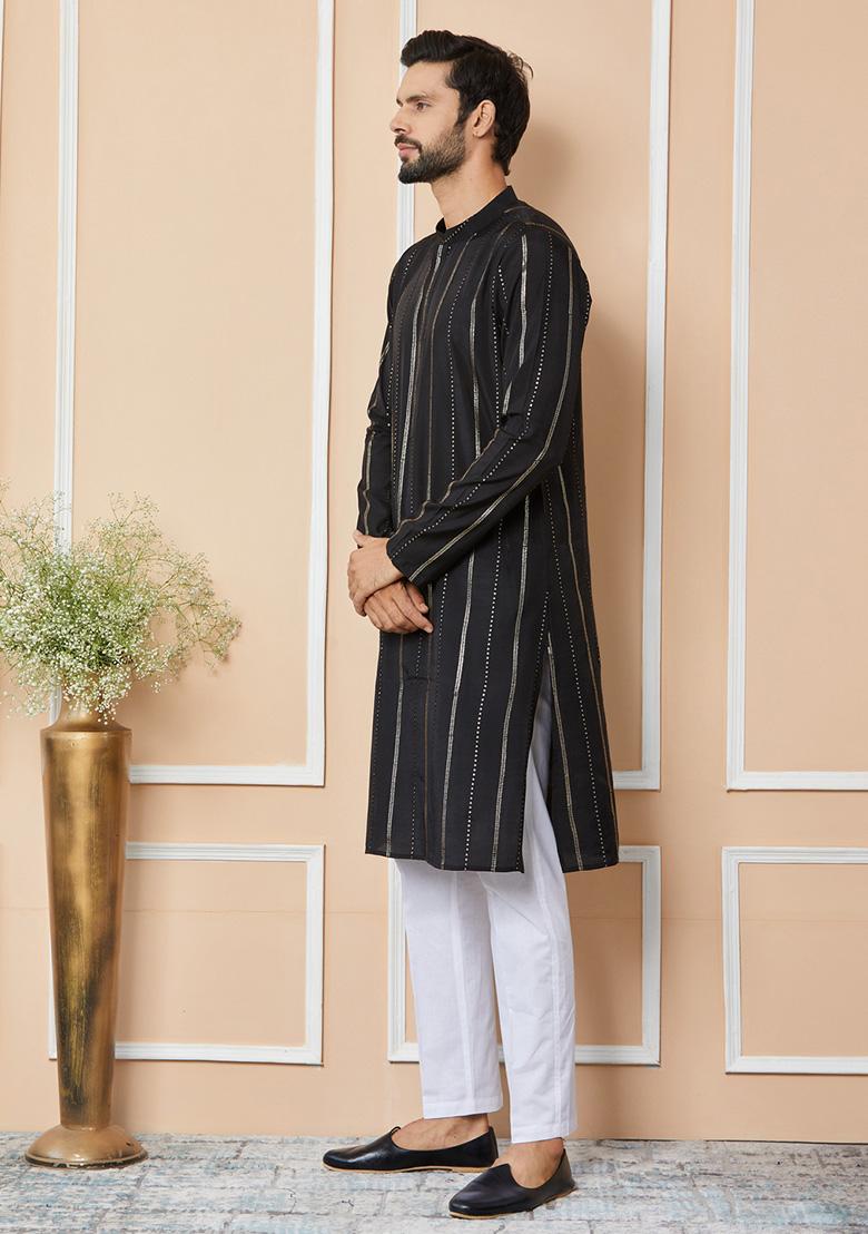 Black Sequin Embroidered Chanderi Silk Kurta Set For Men