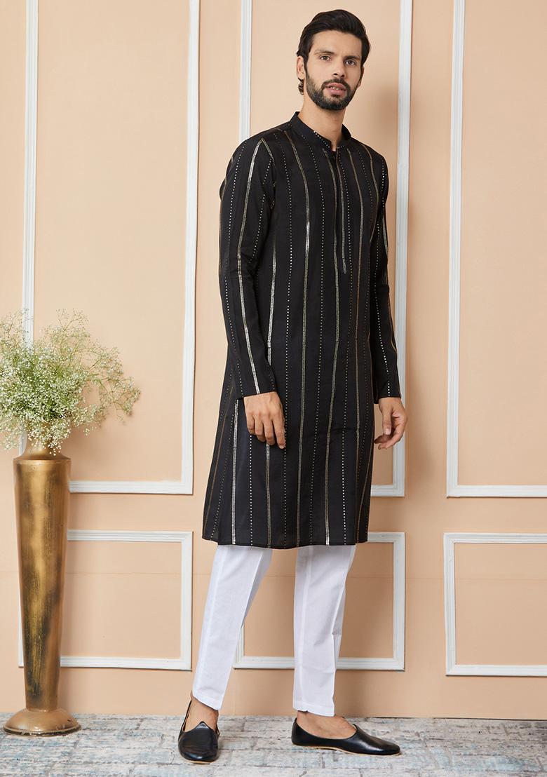 Black Sequin Embroidered Chanderi Silk Kurta Set For Men