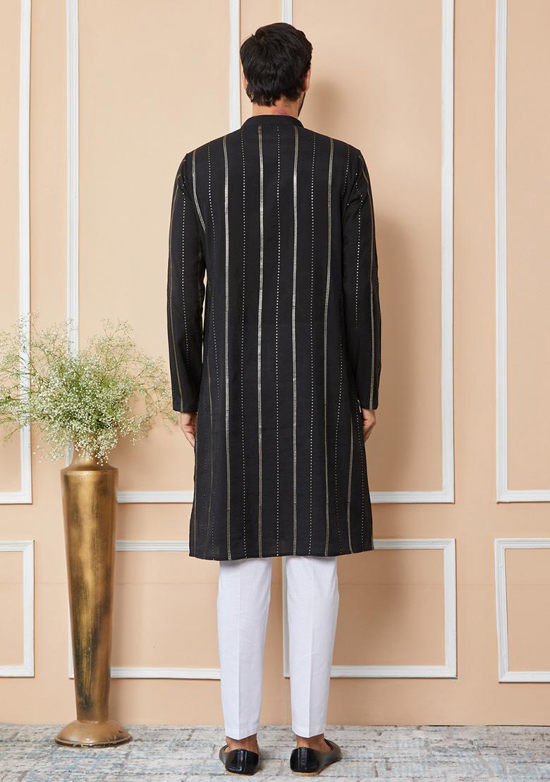 Black Sequin Embroidered Chanderi Silk Kurta Set For Men