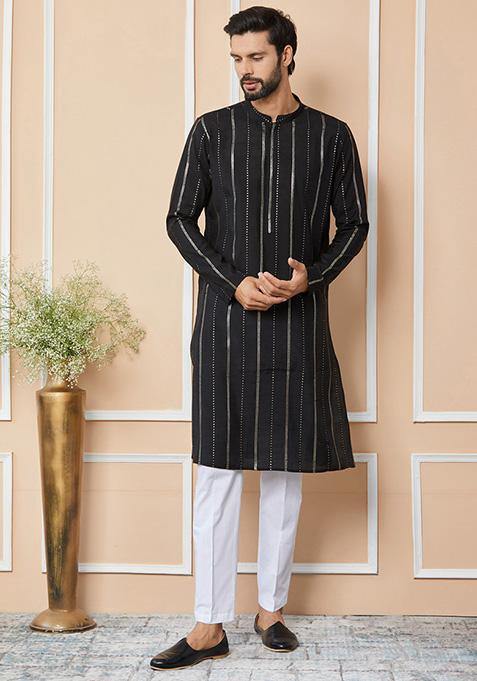 Black Sequin Embroidered Chanderi Silk Kurta Set For Men