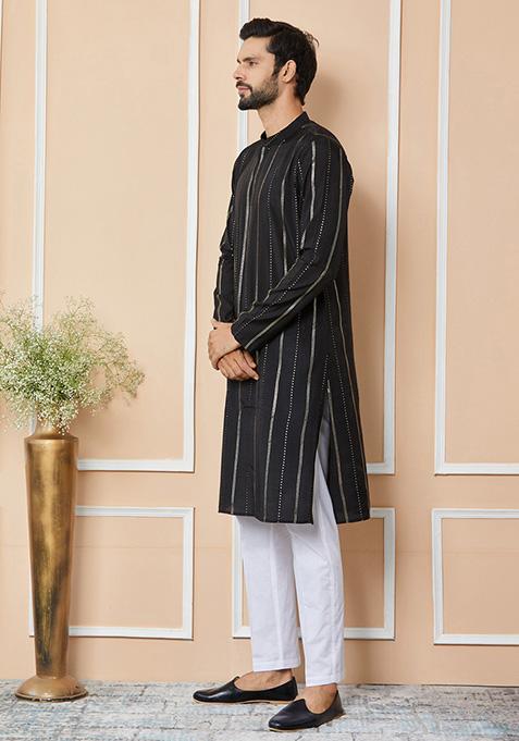 Black Sequin Embroidered Chanderi Silk Kurta Set For Men