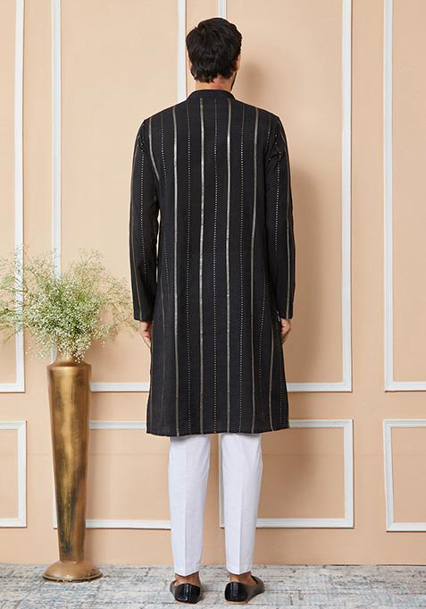 Black Sequin Embroidered Chanderi Silk Kurta Set For Men