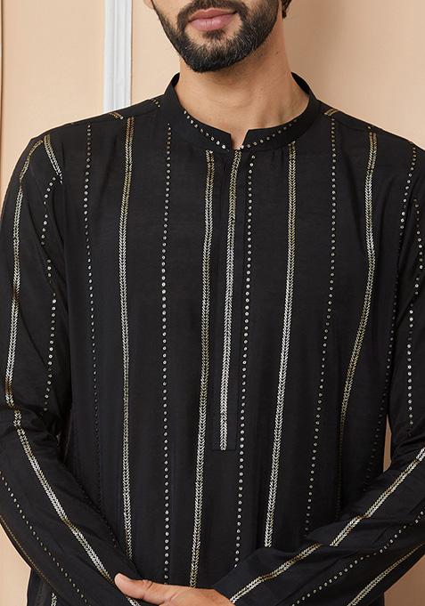 Black Sequin Embroidered Chanderi Silk Kurta Set For Men