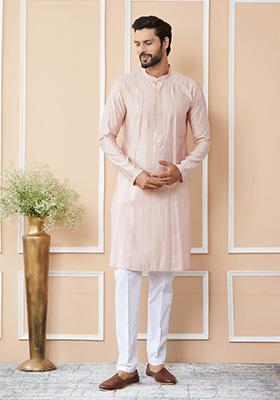 Light Pink Sequin Embroidered Kurta Set For Men