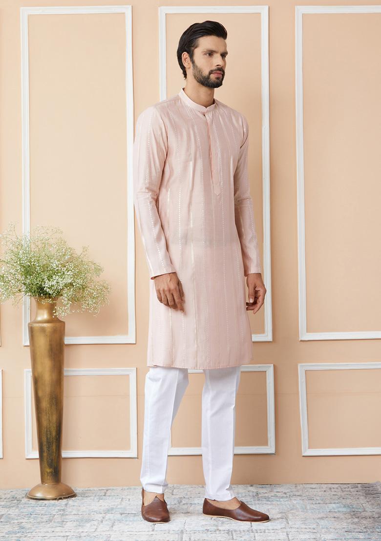 Light Pink Sequin Embroidered Kurta Set For Men