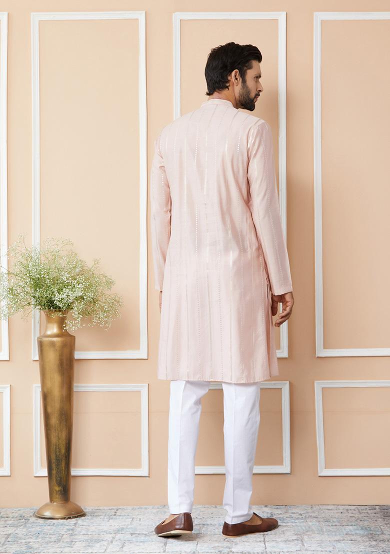 Light Pink Sequin Embroidered Kurta Set For Men