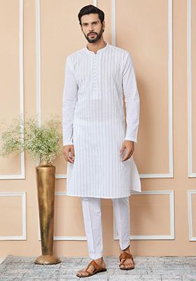White Thread Work Kurta Set For Men