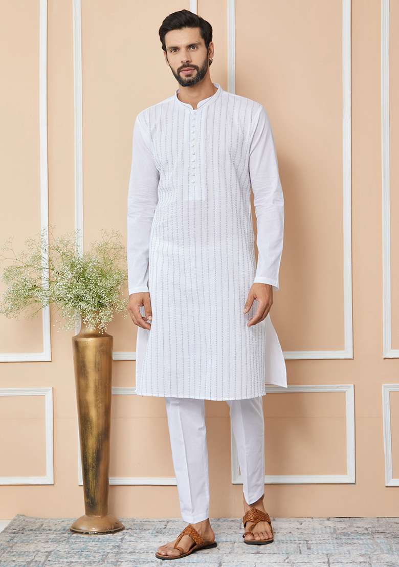 White Thread Work Kurta Set For Men - Indya