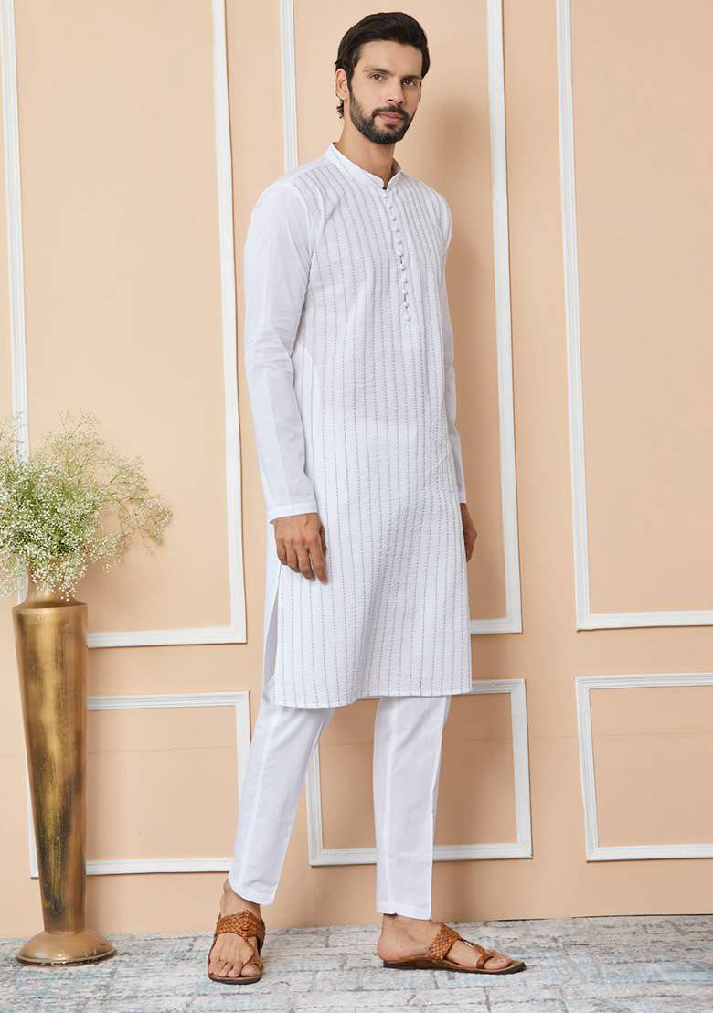 White Thread Work Kurta Set For Men - Indya