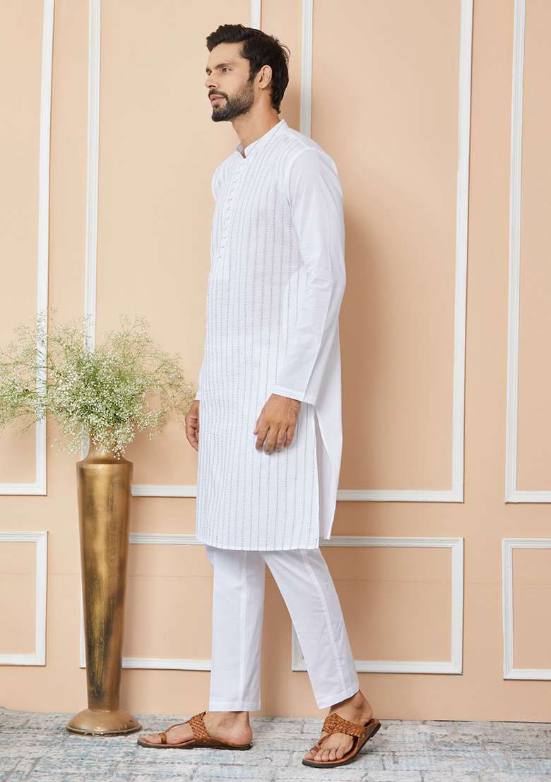 White Thread Work Kurta Set For Men - Indya