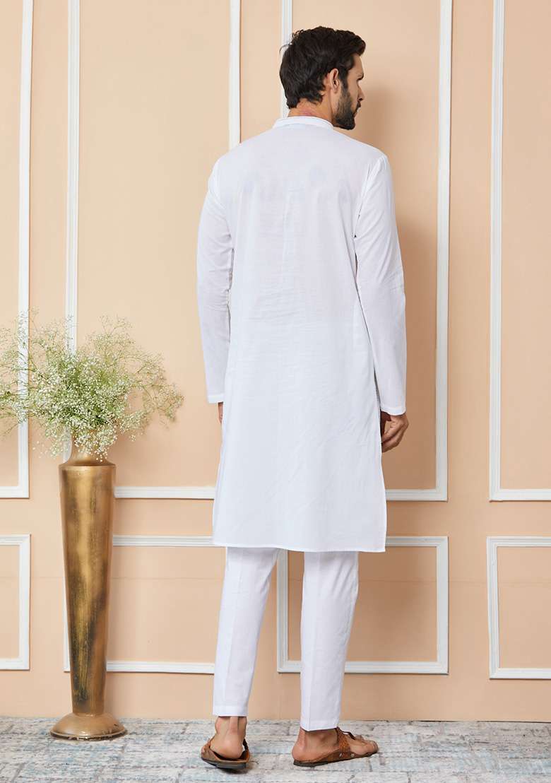 White Thread Work Kurta Set For Men - Indya