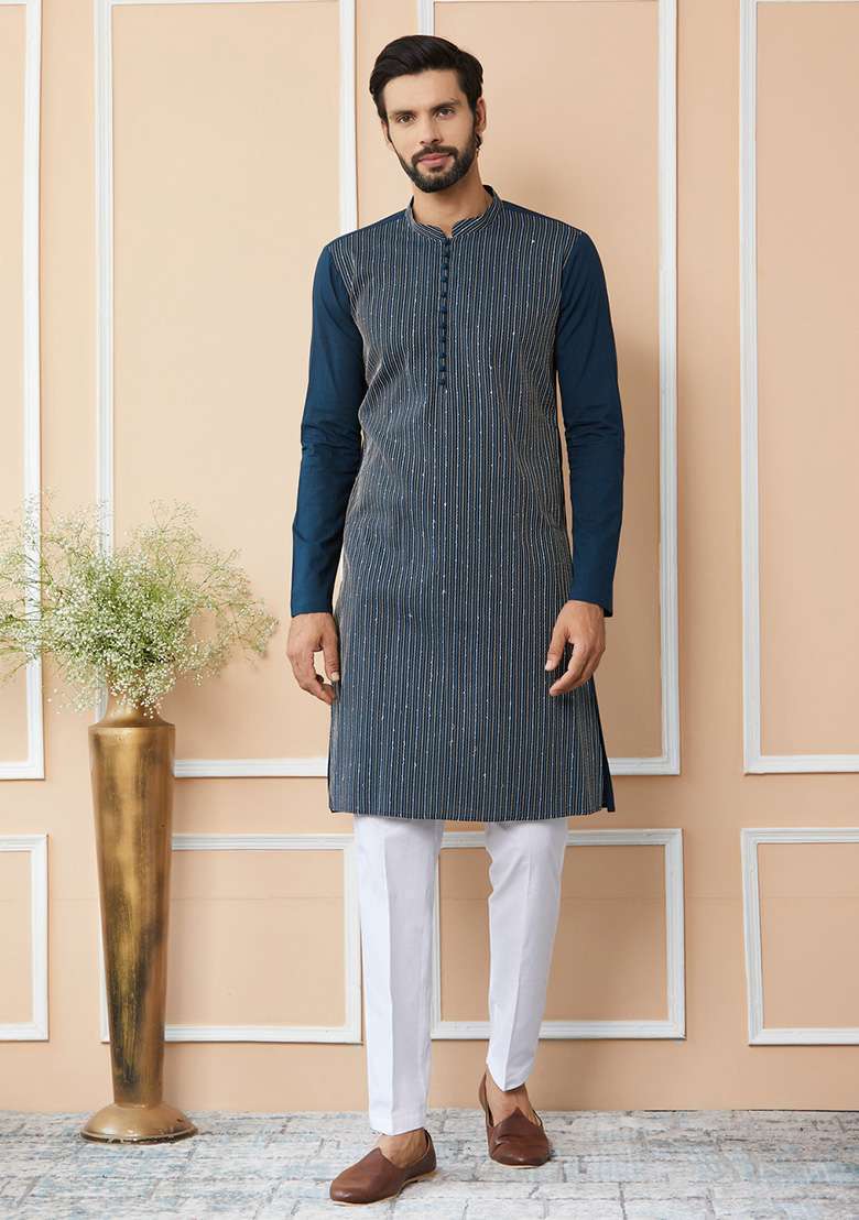 Dark Blue Thread Sequin Embroidered Straight Kurta Set For Men - Indya