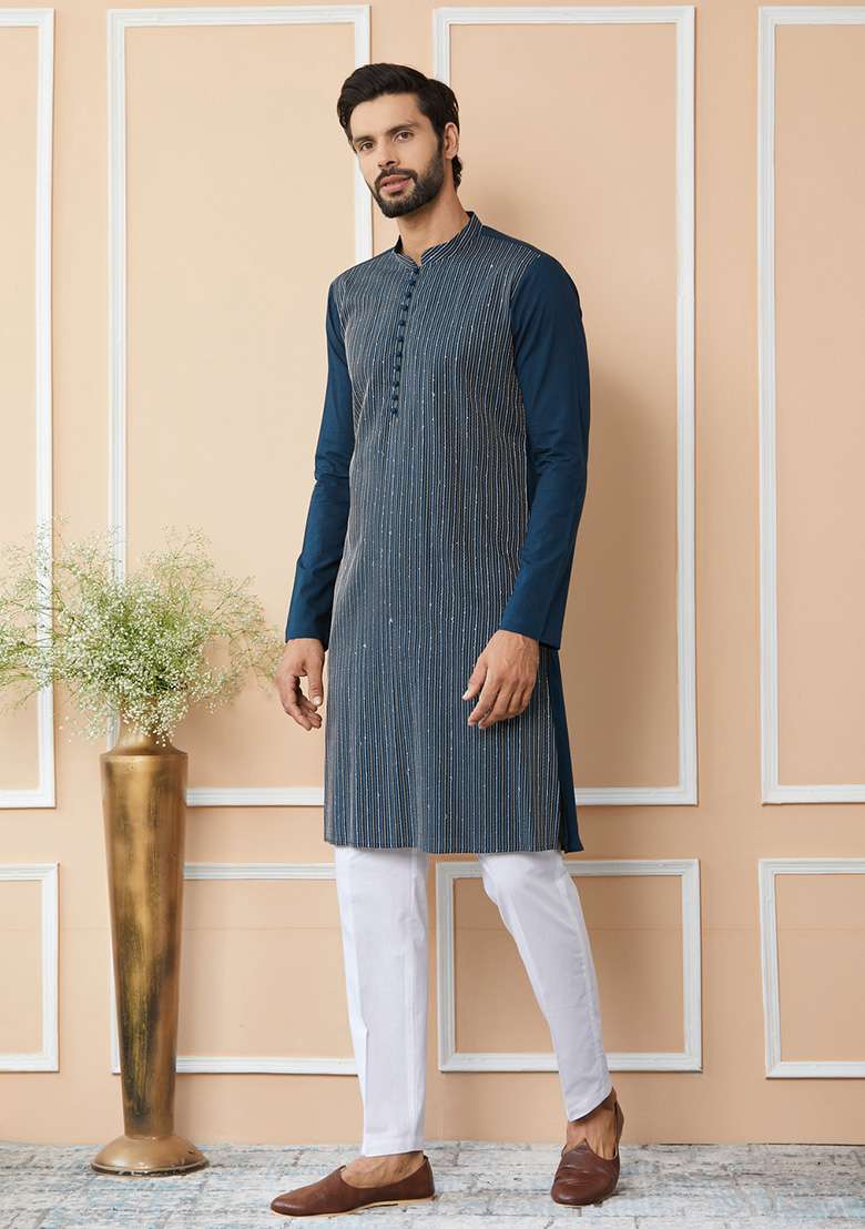 Dark Blue Thread Sequin Embroidered Straight Kurta Set For Men - Indya