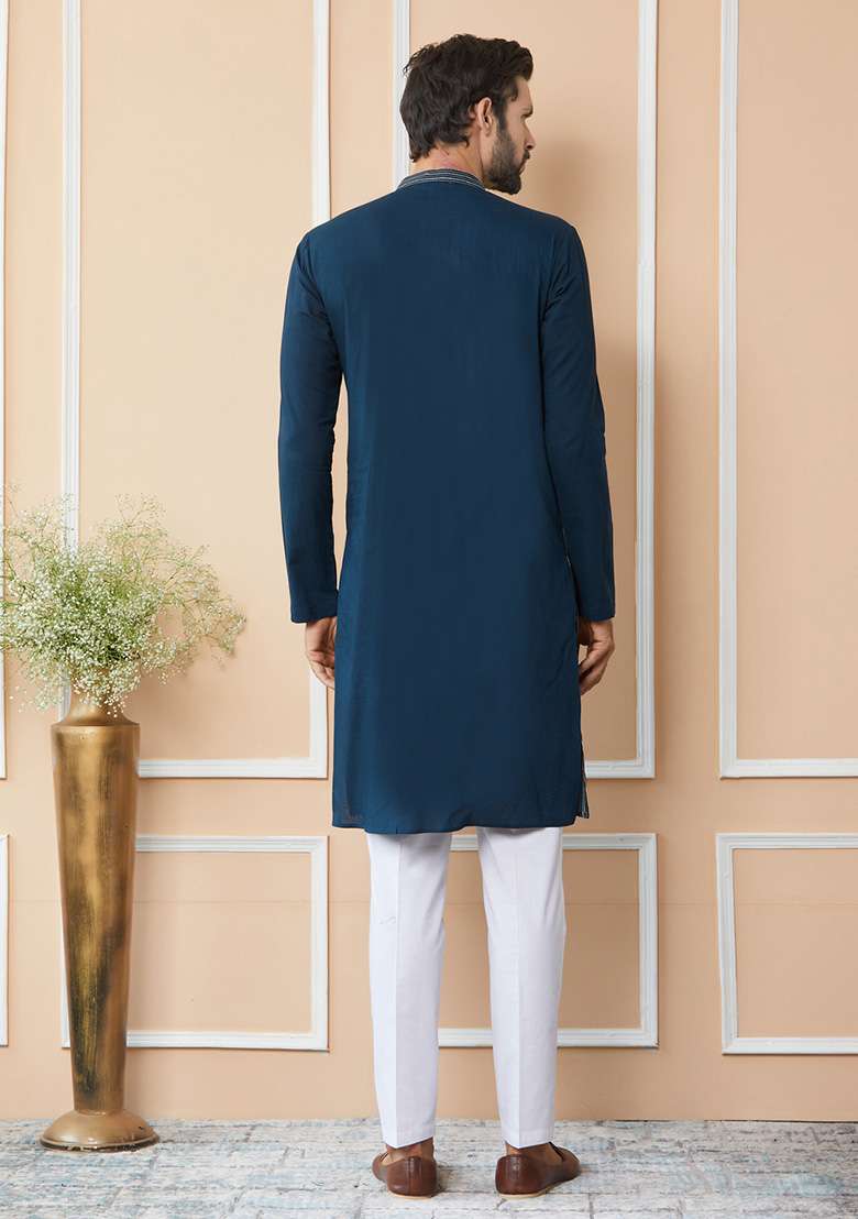 Dark Blue Thread Sequin Embroidered Straight Kurta Set For Men - Indya