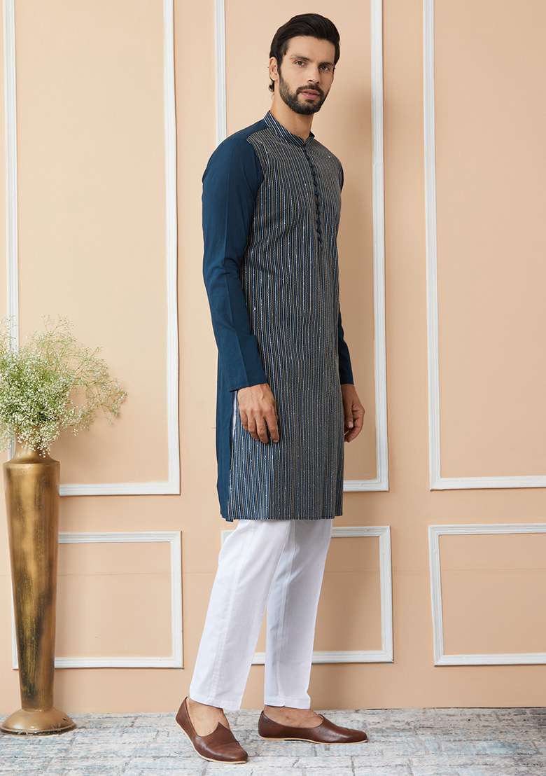 Dark Blue Thread Sequin Embroidered Straight Kurta Set For Men - Indya