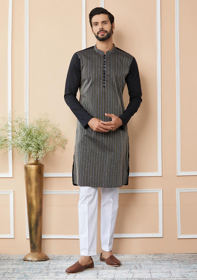 Black Thread Sequin Embroidered Kurta Set For Men
