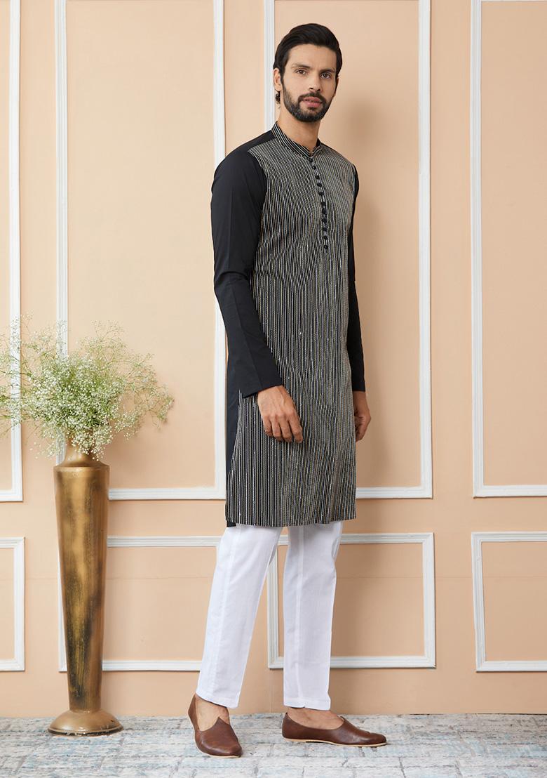 Black Thread Sequin Embroidered Kurta Set For Men