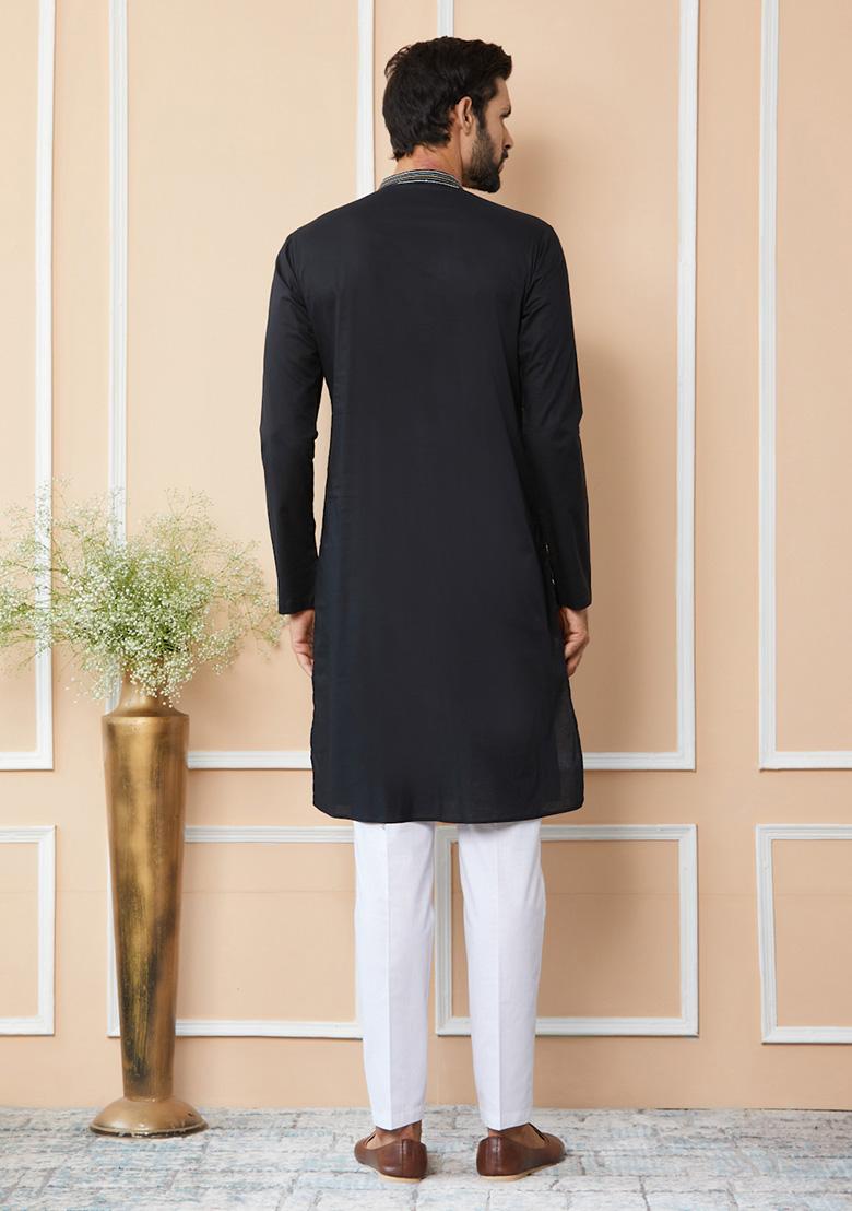 Black Thread Sequin Embroidered Kurta Set For Men