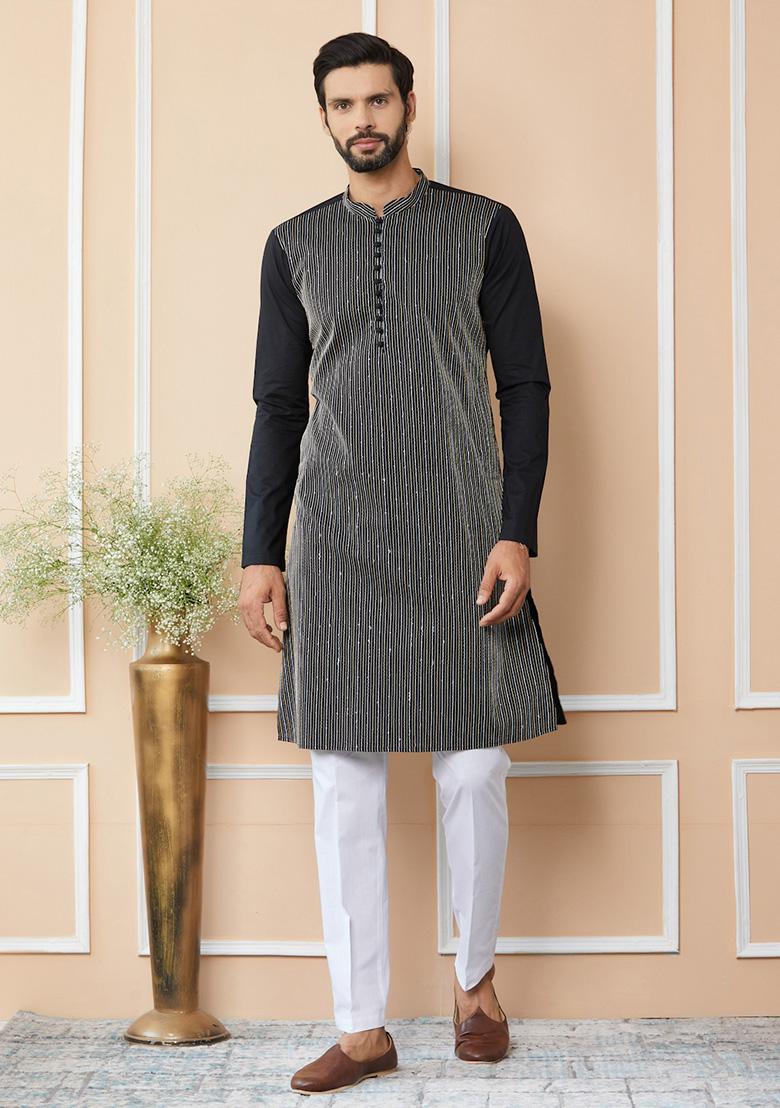 Black Thread Sequin Embroidered Kurta Set For Men