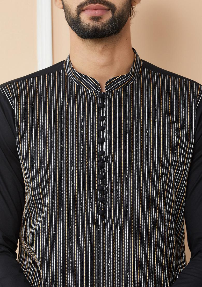 Black Thread Sequin Embroidered Kurta Set For Men
