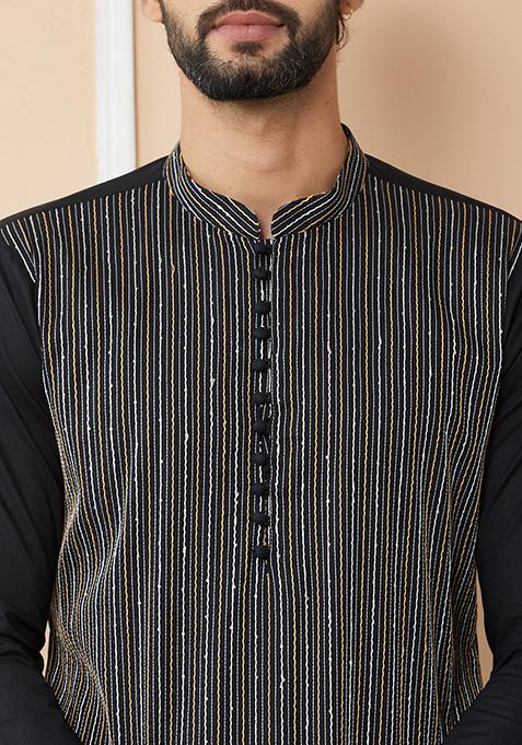 Black Thread Sequin Embroidered Kurta Set For Men