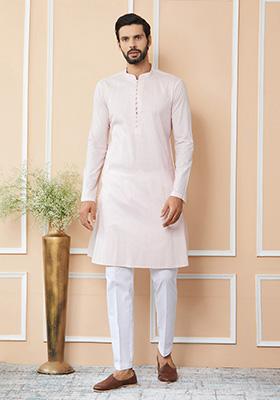 Light Pink Thread Sequin Embroidered Straight Kurta Set For Men