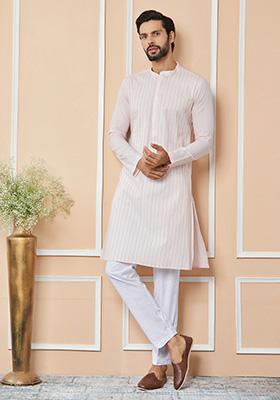 Light Pink Thread Sequin Embroidered Kurta Set For Men