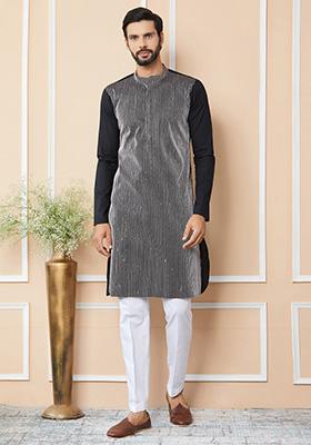 Black Thread Sequin Embroidered Cotton Kurta Set For Men