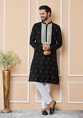 Black Sequin Thread Embroidered Kurta Set For Men