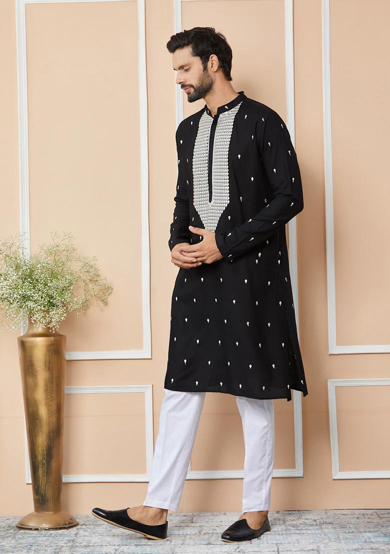 Black Sequin Thread Embroidered Kurta Set For Men