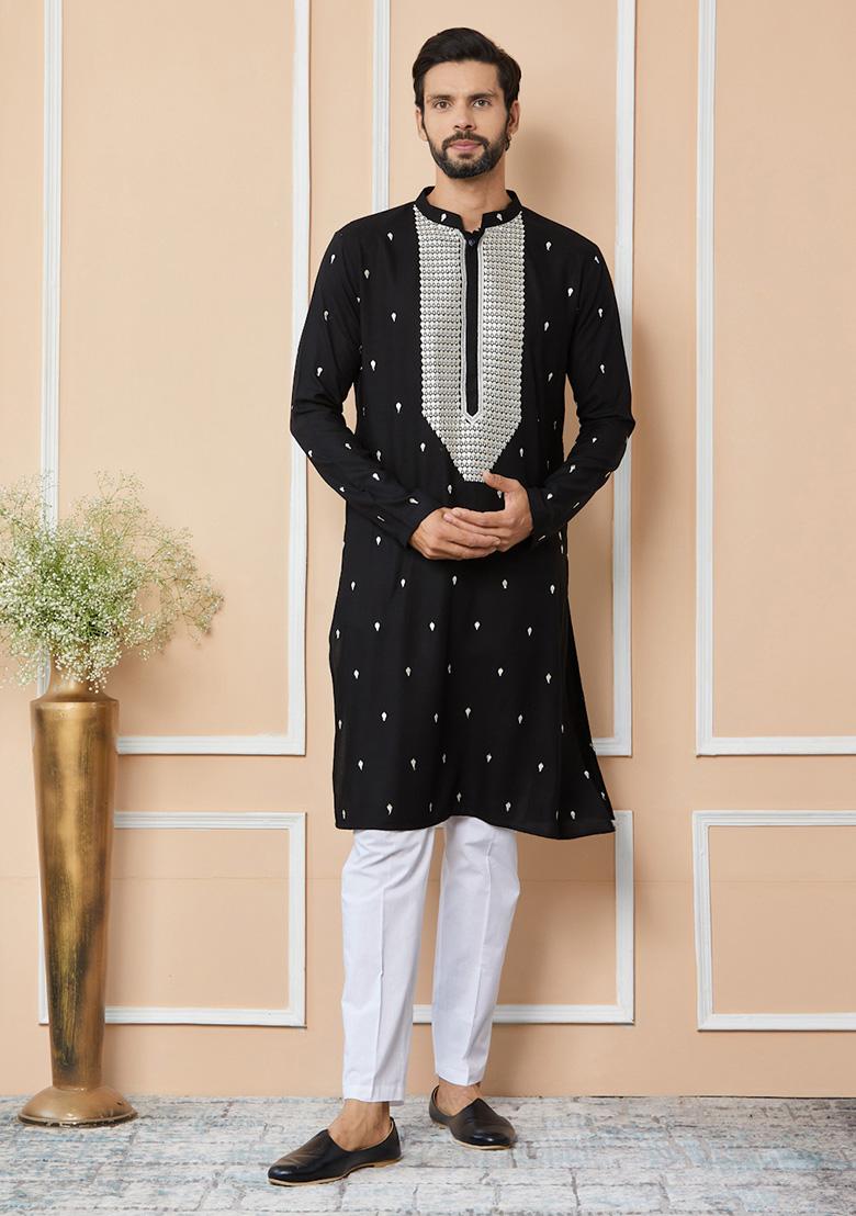 Black Sequin Thread Embroidered Kurta Set For Men