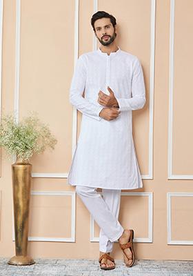 White Chikankari Embroidered Pure Cotton Straight Kurta Set For Men