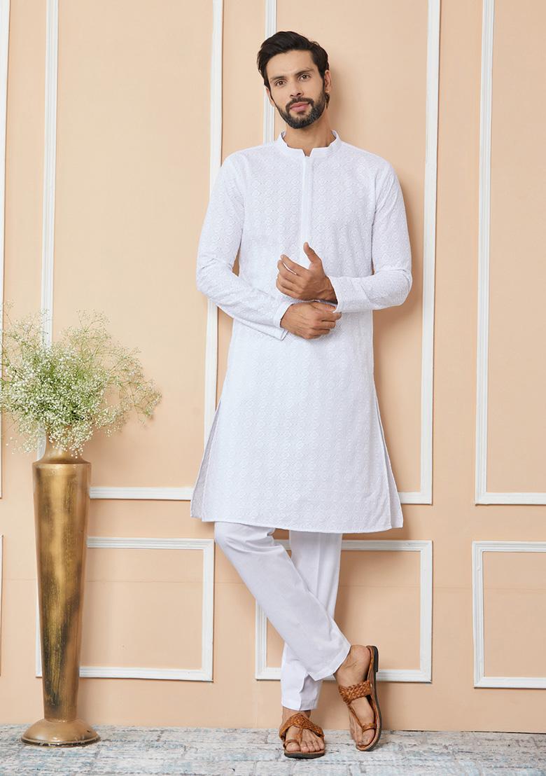 White Chikankari Embroidered Pure Cotton Straight Kurta Set For Men