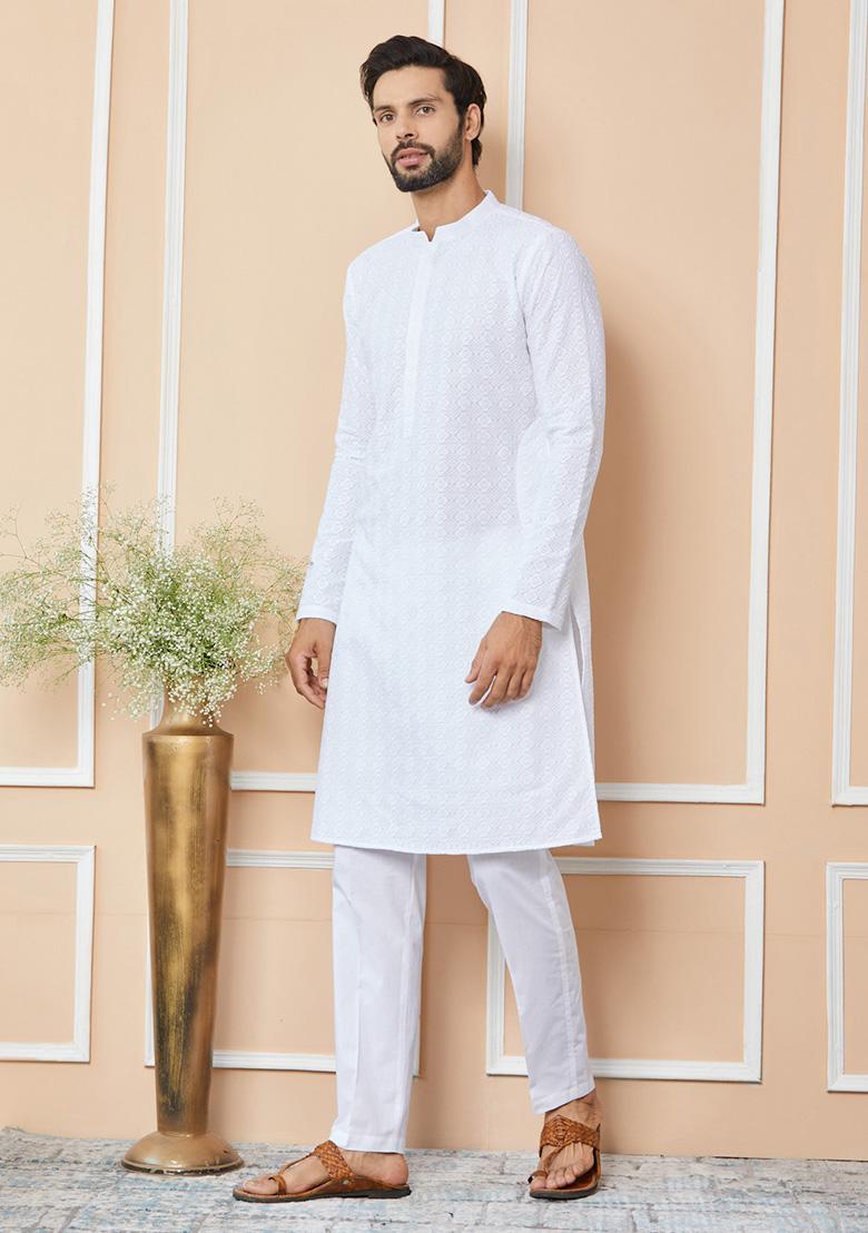 White Chikankari Embroidered Pure Cotton Straight Kurta Set For Men