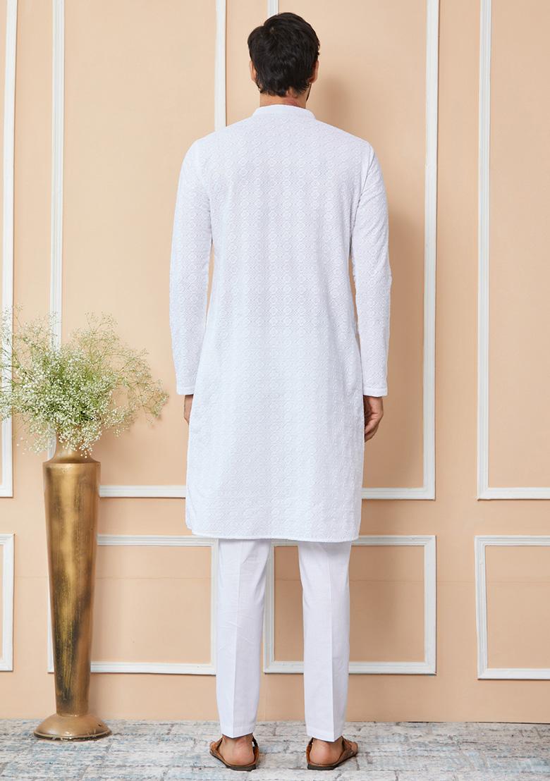 White Chikankari Embroidered Pure Cotton Straight Kurta Set For Men