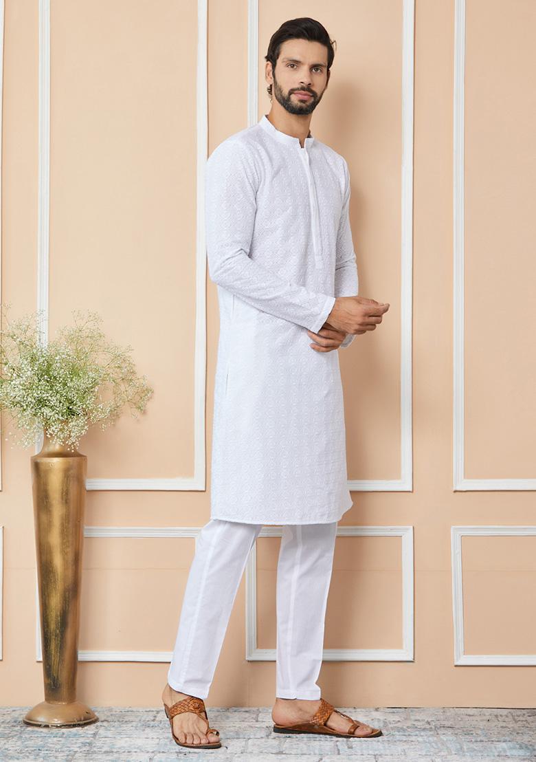 White Chikankari Embroidered Pure Cotton Straight Kurta Set For Men