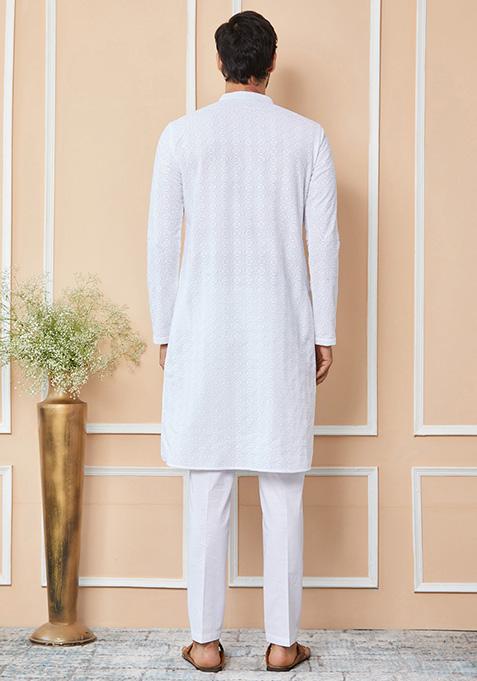 White Chikankari Embroidered Pure Cotton Straight Kurta Set For Men
