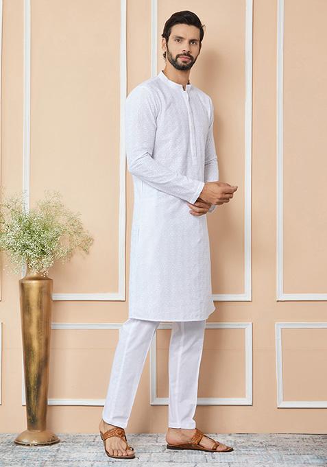 White Chikankari Embroidered Pure Cotton Straight Kurta Set For Men